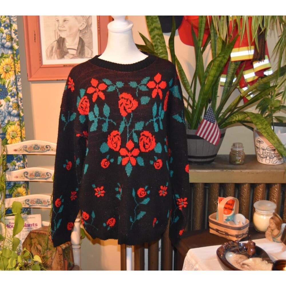 Vintage 80s Village Fair Rose/Floral Sweater Metallic Womens Retro Black USA M